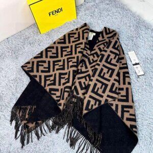 Fendi Reversible FF Logo Cashmere Wrap Shawl with Fringe